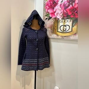 Free People Fair Isle Hooded Cardigan Coat | Navy Knit Sweater XS